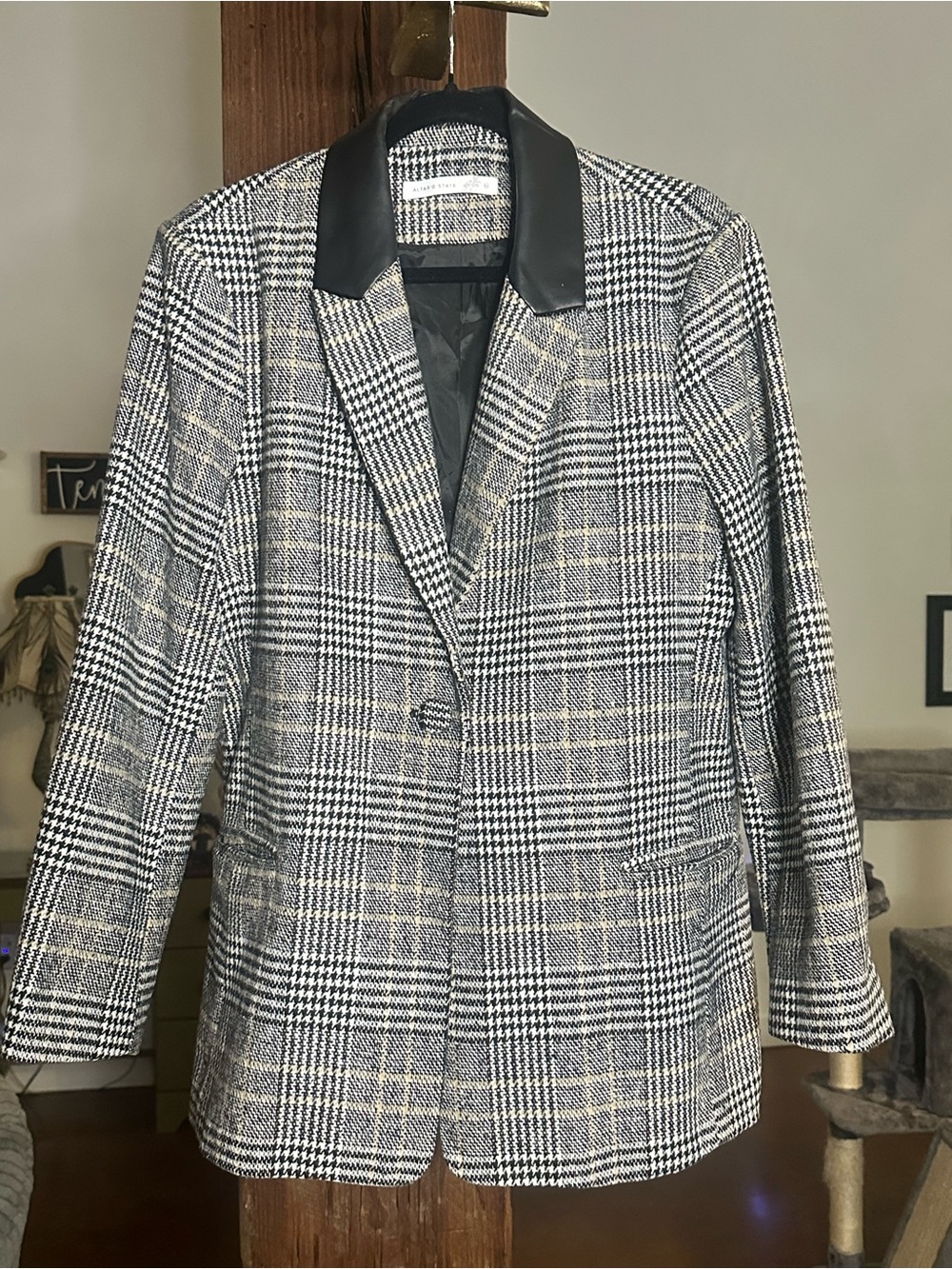 Altar'd State Black and Gray Plaid Blazer with Faux Leather Collar